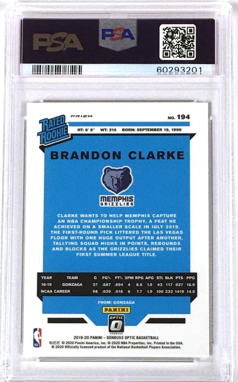 Brandon Clarke 2019-20 Donruss Optic Holo #194 PSA 10 GEM MINT Grizzlies Basketball NBA