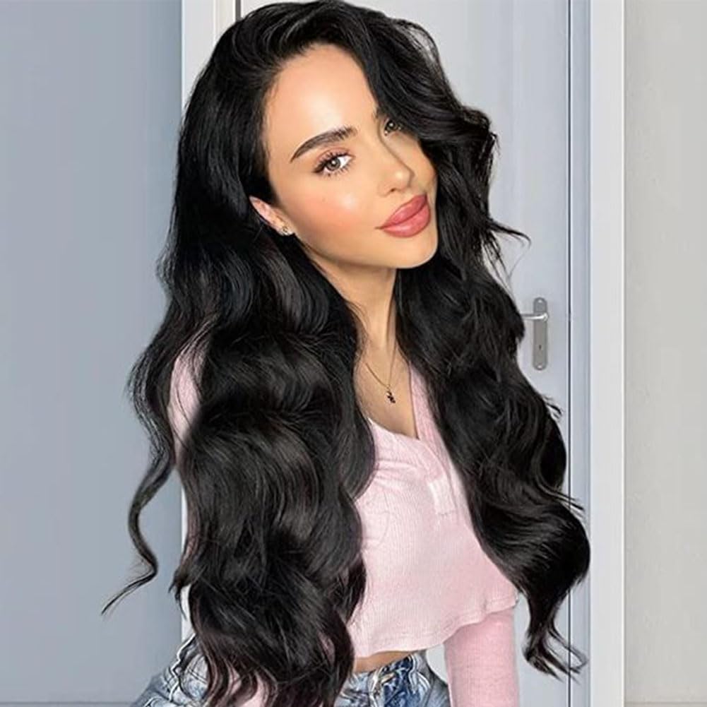 Long Black Wig for Women Wavy Wig Body Wave Lace Front Wig 26 Inch Middle Part Black Wigs Natural Looking Synthetic Heat Resistant Fiber Wigs for