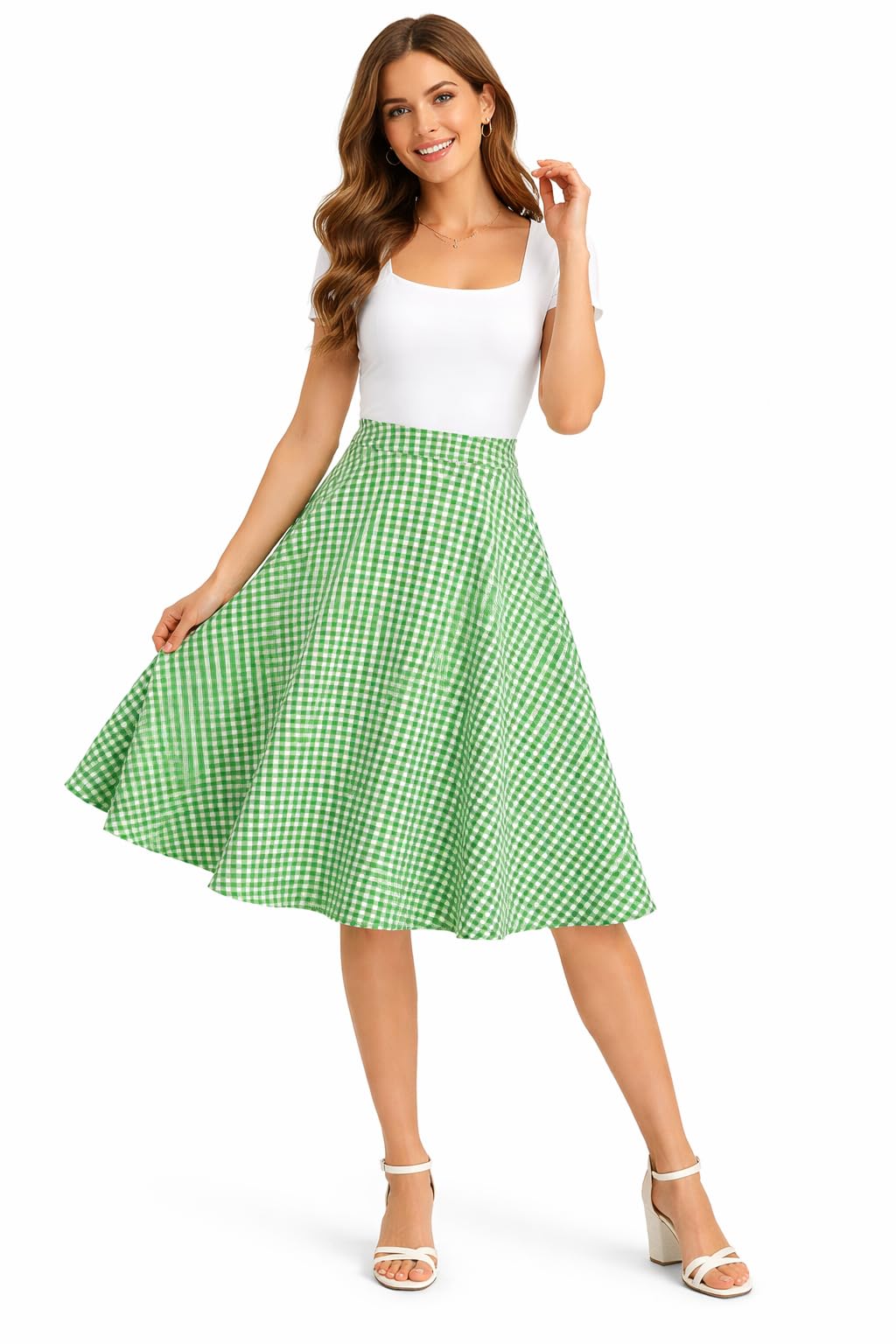 Women's Gingham Plaid A-Line Midi Skirt, Cotton Blend, Knee Length, Elastic Waist, Free Size-picture-23