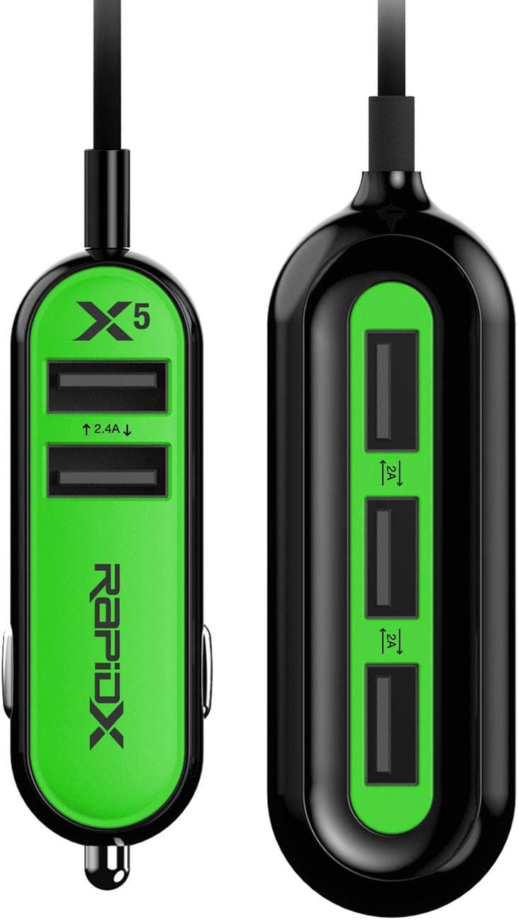 Get Popular Offer RapidX X5 5 USB Ports Car Charger 22.4A Green