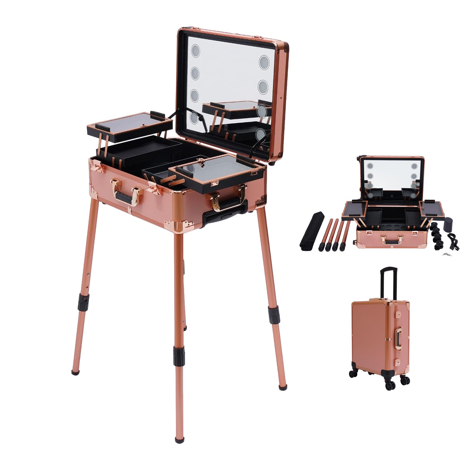 Kosmetikkoffer Trolley mit Spiegel und Licht Mobile Schminkstation Tisch, Einstellbare Höhe und Helligkeit,Alu Friseurkoffer mit Rollen Make up Koffer Beauty Case Nageltisch (Rose Gold)