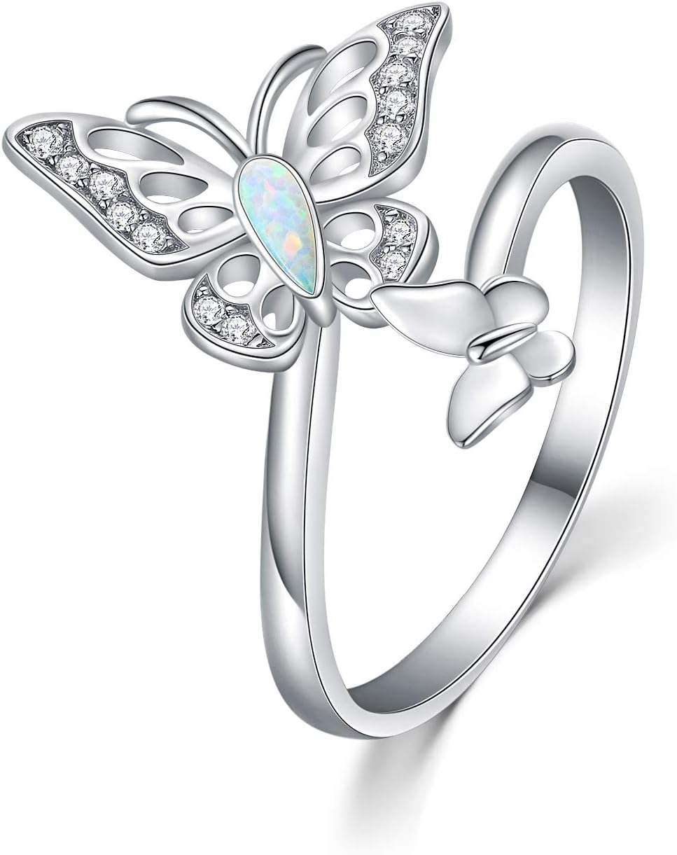 LONAGO Butterfly Open Ring 925 Sterling Silver Adjustable Two Flying Butterflies Ring with White Opal and Cubic Zirconia