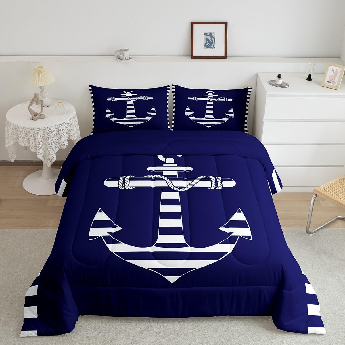 Feelyou Kids Navy Blue Nautical Anchor Comforter Set,Sail Boat Anchor Bedding Set Full Size,Boys Girls Bedroom Room Decor,Ocean Nautical Themed Comforter,Anchor Bed Set
