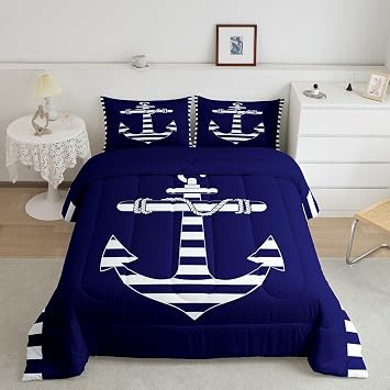 Feelyou Kids Navy Blue Nautical Anchor Comforter Set,Sail Boat Anchor Bedding Set Twin Size,Boys Girls Bedroom Room Decor,Ocean Nautical Themed Comforter,Anchor Bed Set