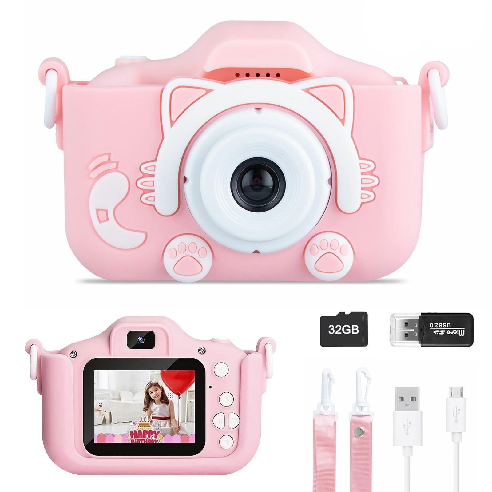 Kids Digital Camera, Kids Camera Birthday Toy Gifts for Girls Boys Age 3-10, Children Cameras for Toddler with 1080P Video, Digital Camera Kids Digital Camera with 32GB Card