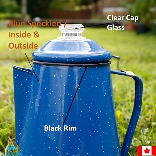 Camping Coffee Percolator - Enamel Coating Gloss Finish And Glass Cap For Backpacking, Campsite, Kitchen And Firecoffee Pot Makes 12 Cups - Comes With Basket For Grounds And Stainless Steel Spoon #TOP5