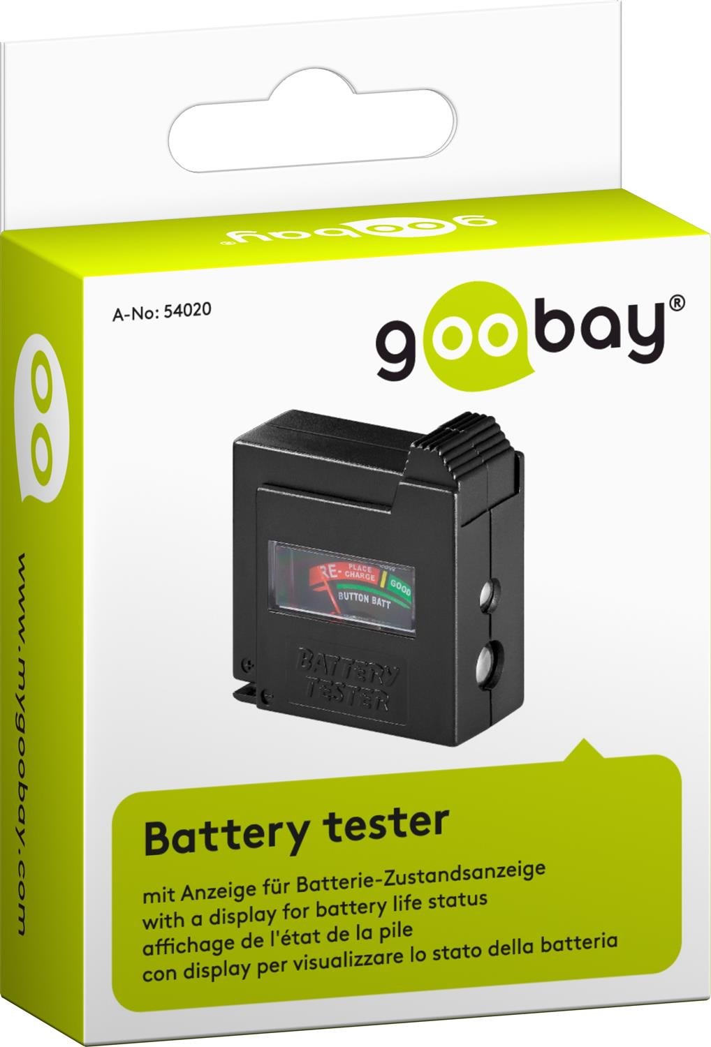Goobay Tester per batterie indicatore di capacità AAA AA C D 9V N pile a bottone nero
