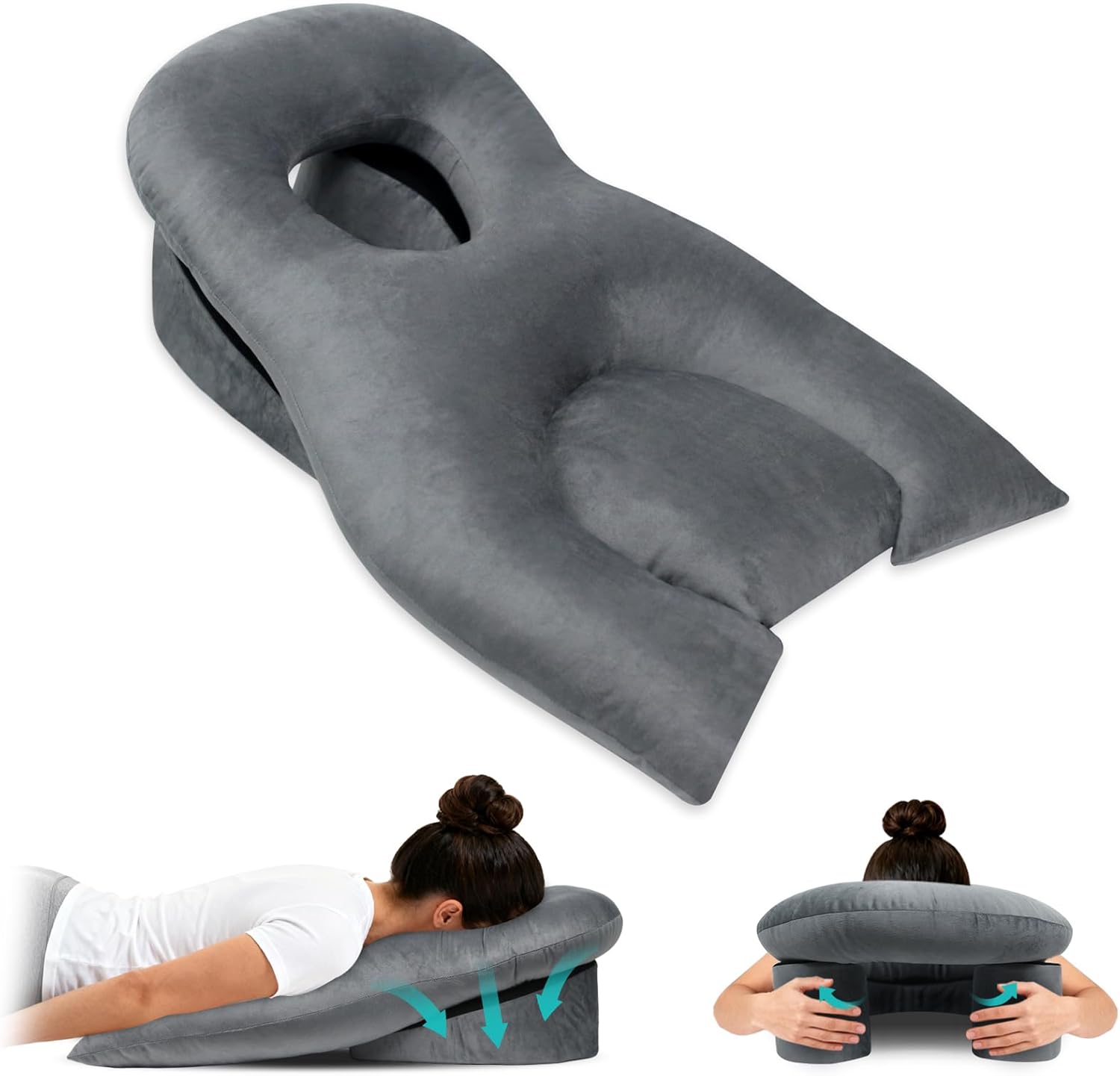 Face Down Recovery Pillow for Eye/BBL Surgery - Prone Massage Headrest with Adjustable Airflow, Plush Velvet Cover, Retinal Vitrectomy Equipment (Grey, Large, Removable Base Cover)