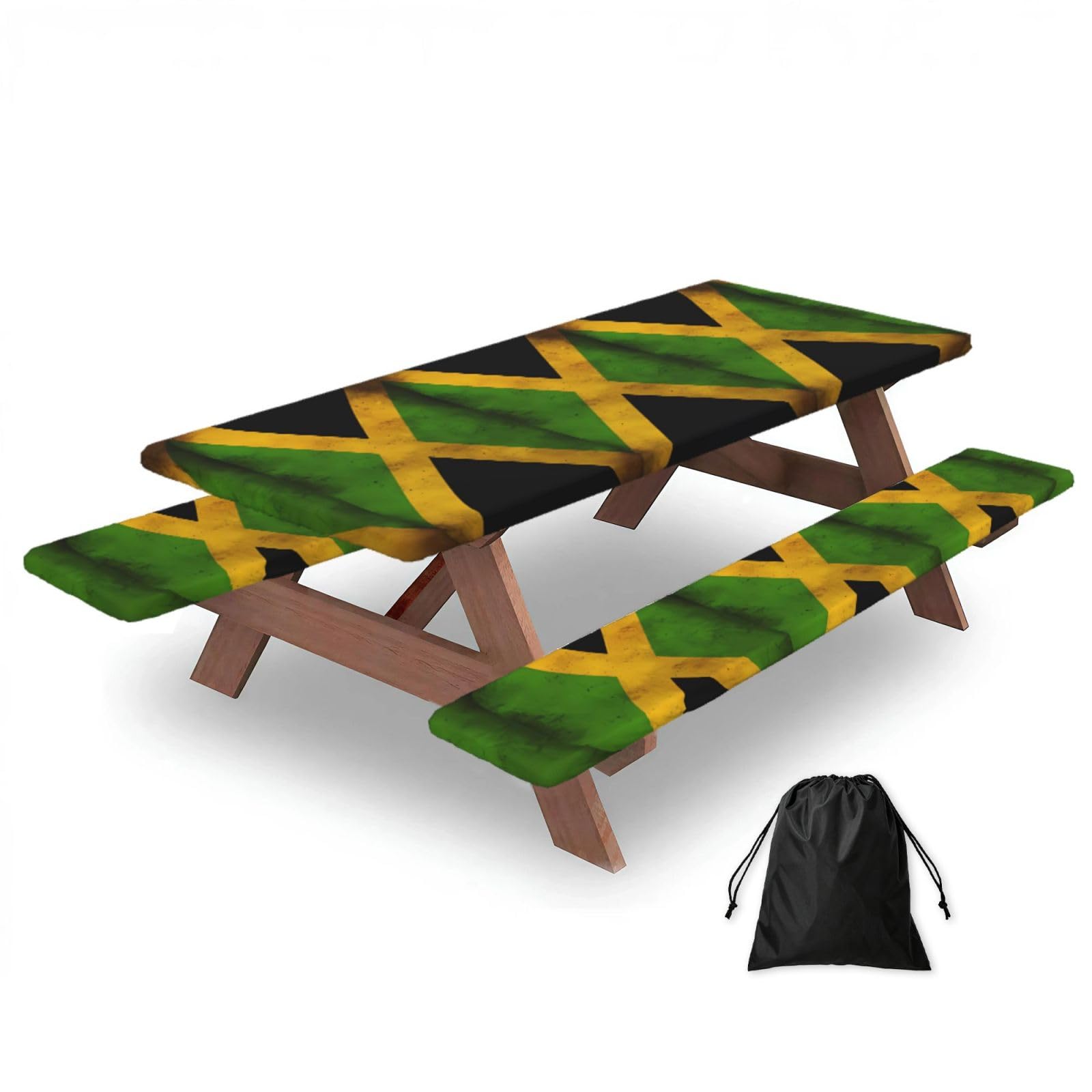 Erwqavc Black Old Jamaican Flag Print Picnic Table Cover & Bench Covers 3-Pack Set, Elastic Tablecloths For 6 Ft Rectangle Tables