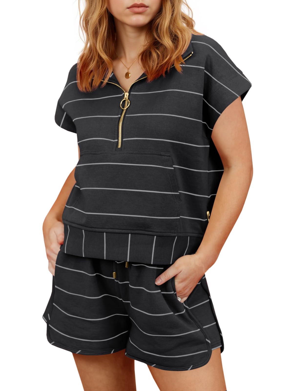 Fisoew Womens Summer 2 Piece Outfits Striped Short Sleeve Zipper Shirts Casual Shorts Loose Lounge Short Sets