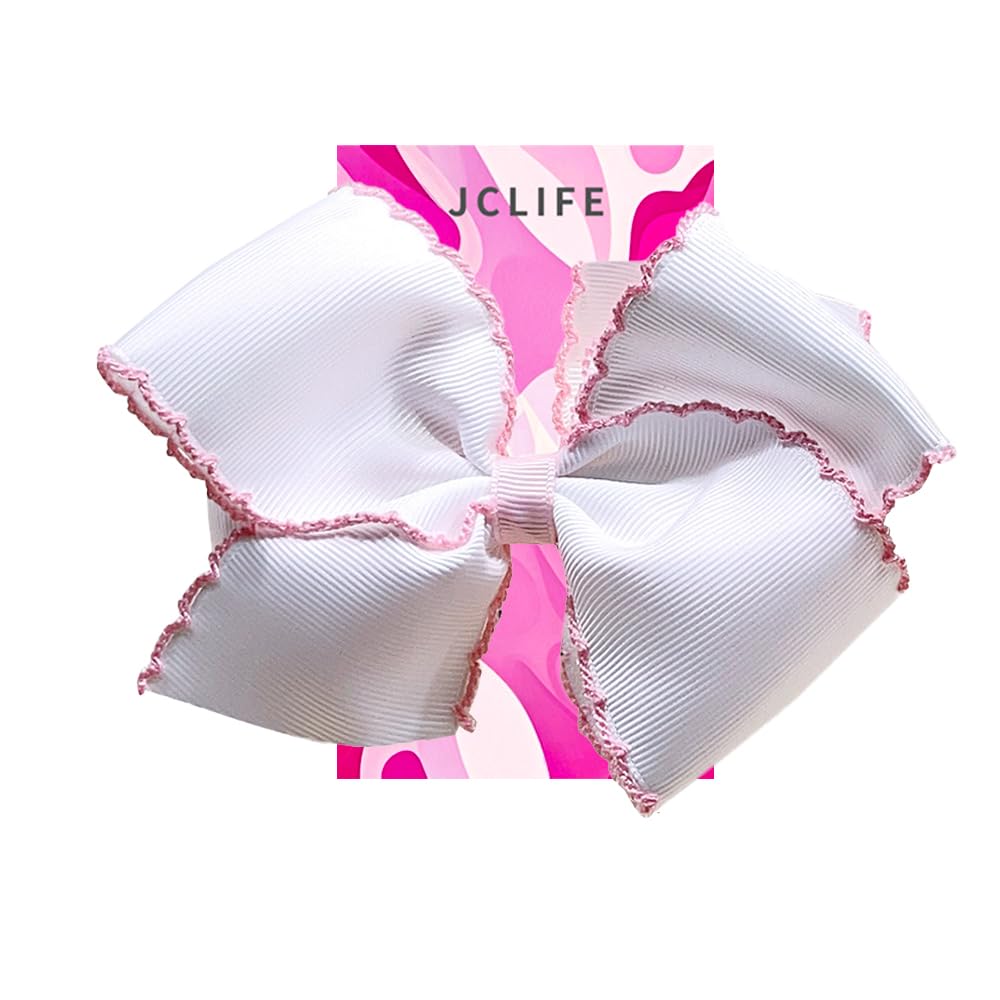 JCLIFE 5 Inch Girls' Grosgrain Hair Bow, Alligator Clips Hair Barrettes, Moonstitch Edge Hair Bows, White with Pink Edge