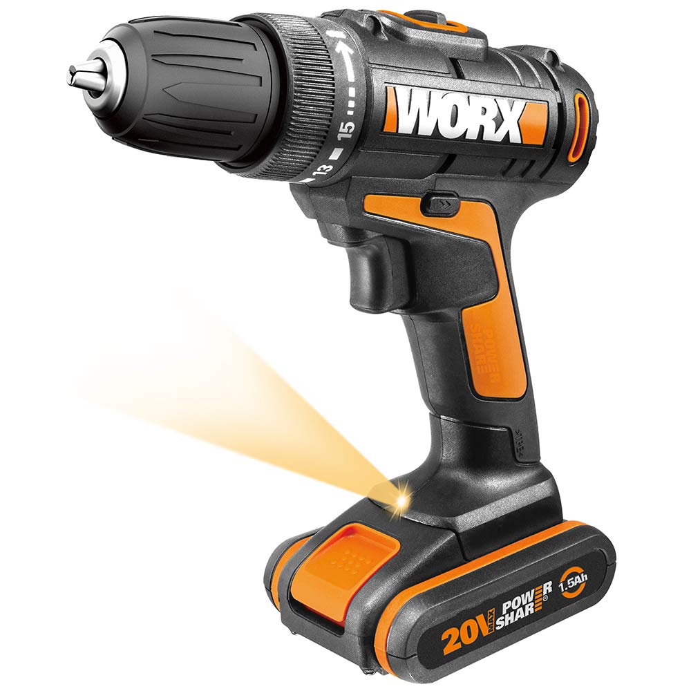 Worx WX977 wiertarko-wkrętarka akumulatorowa lampa elastyczna 20 V ze skrzynką narzędziową, 35 śrubokrętów i wiertarek. 2 akumulatory
