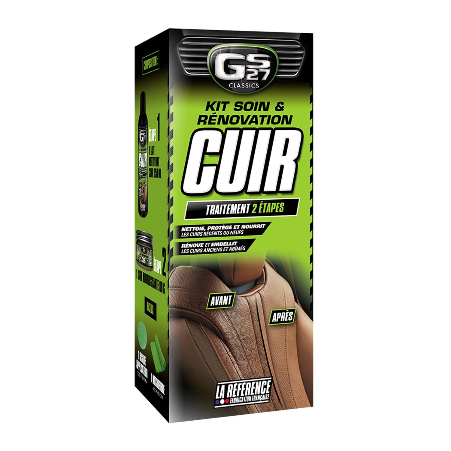 GS27 - Kit Soin et Rénovation Cuir - Entretien Cuir Voiture - 1 Lait + 1 Cire + 1 Microfibre