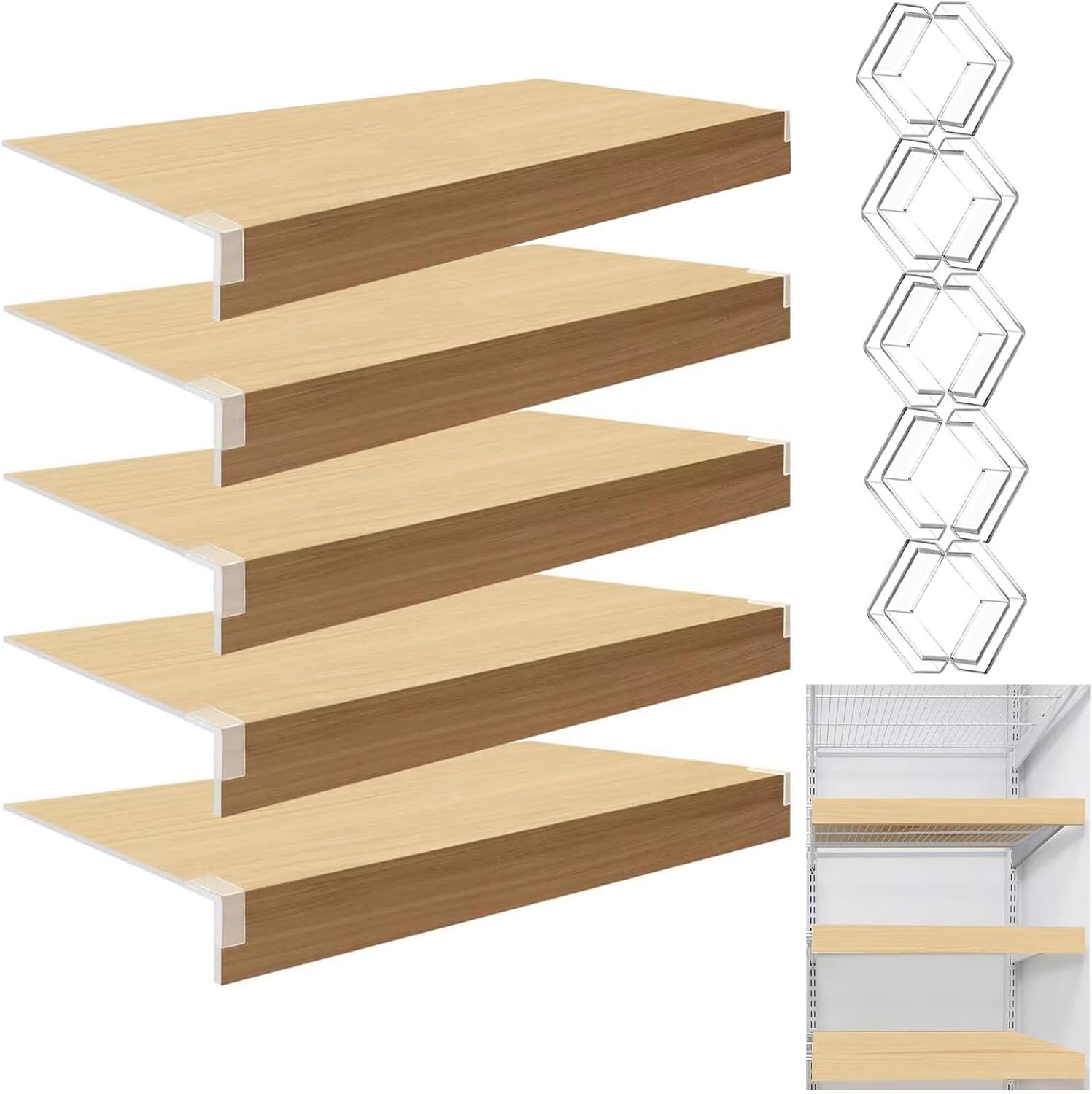 Wire Shelf Cover 24 x 10 x 2 in Oak Color 5 Pcs PVC Wire Rack Covers for Pantry, Decorative PVC Shelf Rack for Closet Storeroom Kitchen Bathroom Hallway Mudroom