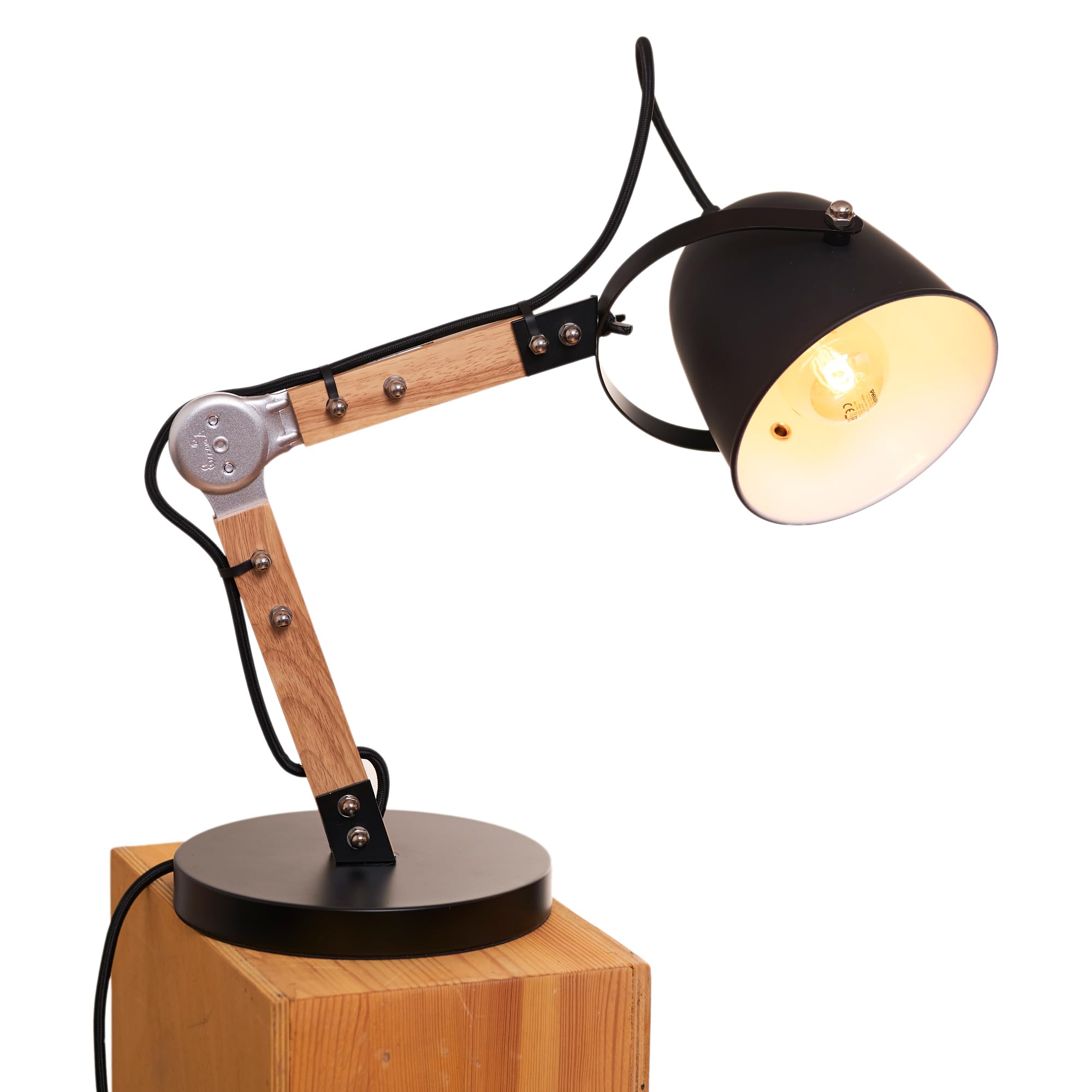 Opis TL1 : Vintage Style Tischlampe als klassische Nachttischlampe oder Industrial Retro Schreibtischlampe aus massiven Holz und Metall-teilen in Schwarz