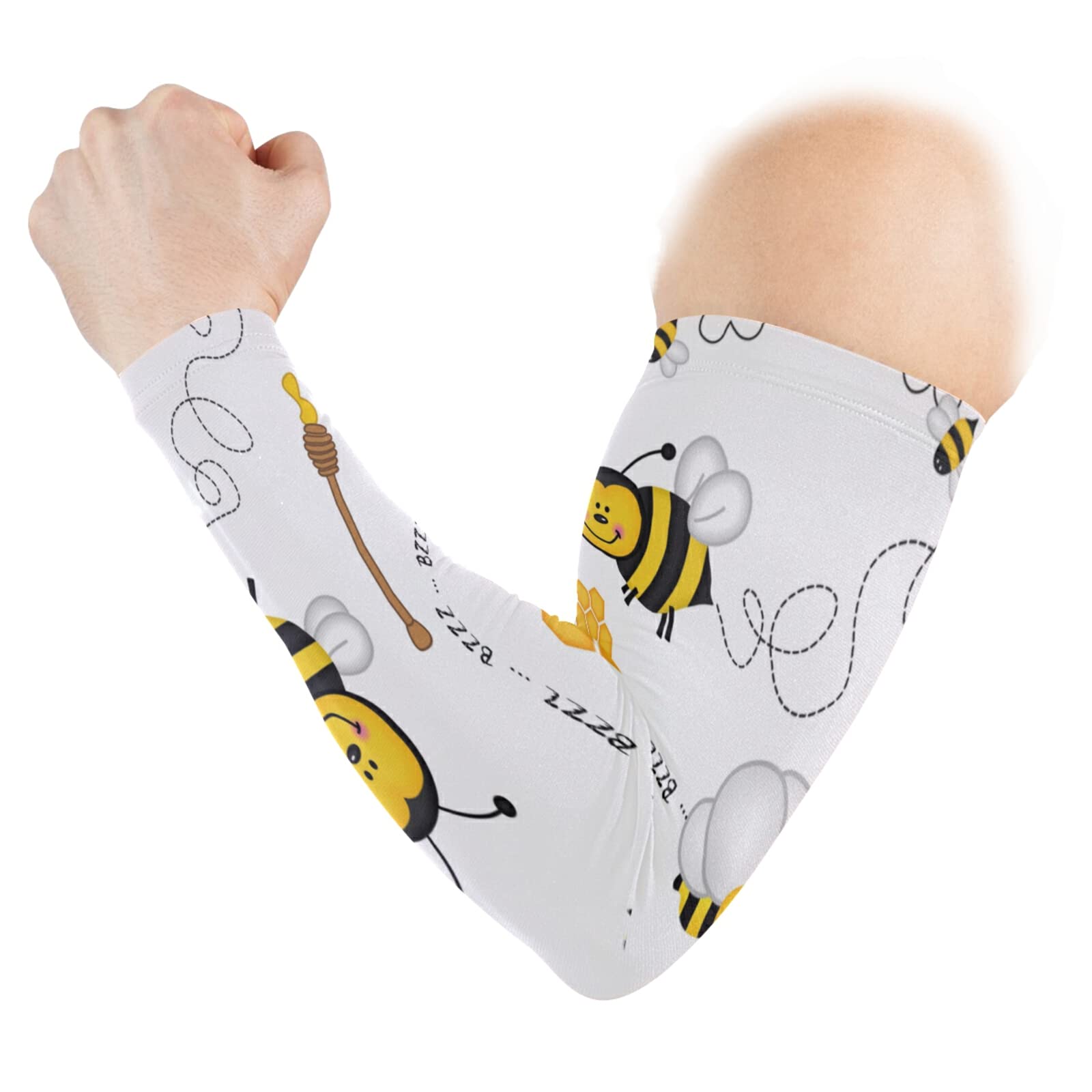 Flying Bee Honeycomb Honey White Flowers Seamless on White 1 Pair Cooling Sports Arm Sleeves, Cover Uv Sun Protection Warmer for Sports Men Women Running Golf Cycling Riding Jogging