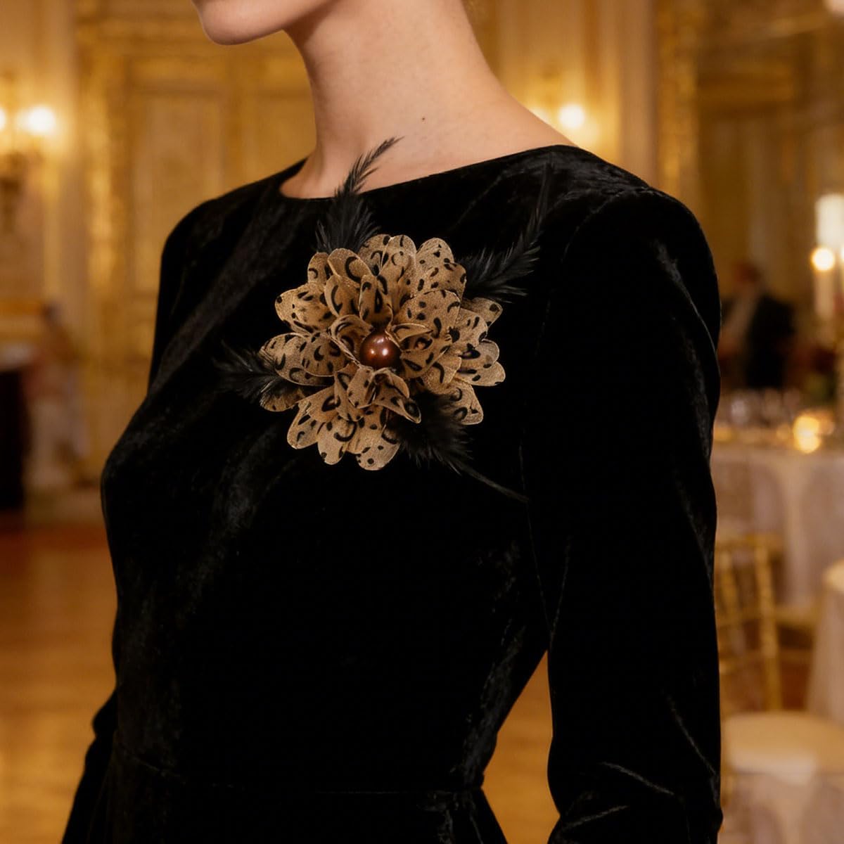 Leopard Brooch Pin Hairpin Black Feather Broochs Elegant Large Flower Brooch Pin for Women Fashion Lapel Pins Dainty Wedding Dress Skirt Broochs Scarf Hat Pins Clothing Decoration Accessories