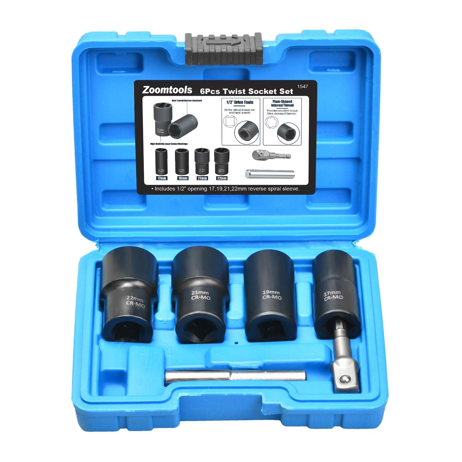 6pc Locking Wheel nut Removal Tool，1/2" Bolt Nut Extractor Tools Set，Easy Out Broken Lug Nut Tools,for Damaged,Studs,Rusted,Rounded-Off Bolts&Nuts Screws