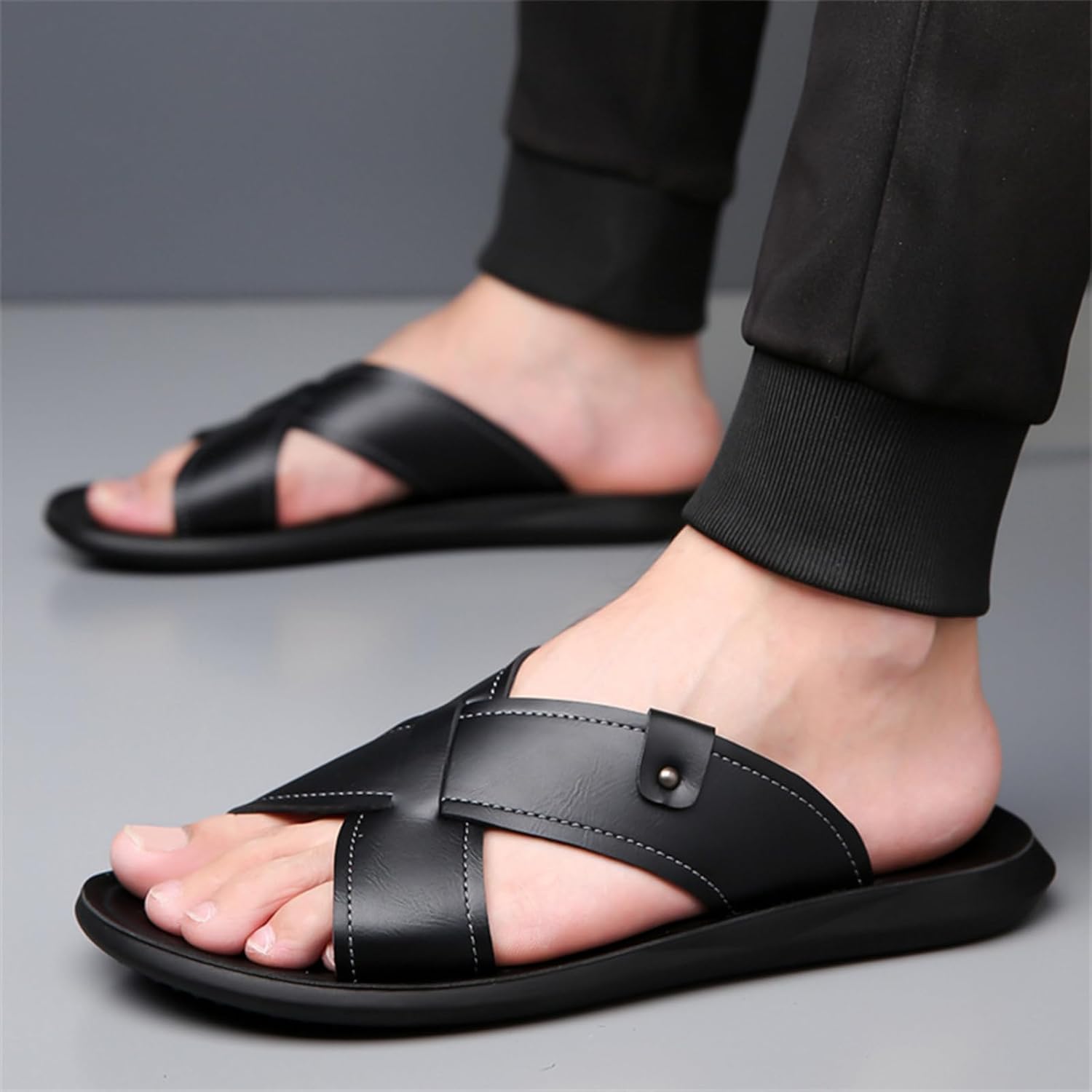 Mens Leather Flat Beach Sandals Comfort Arch Support Anti Slip Flip Flop Sandals For Vacation Beach Indoor & Outdoor Daily - Image 6