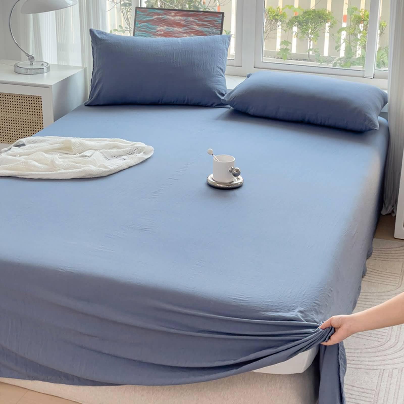 Sábanas sin goma de 160 x 230 cm, sábana individual de algodón lavado liso sábana y 2 fundas de almohada verano suave y transpirable, azul