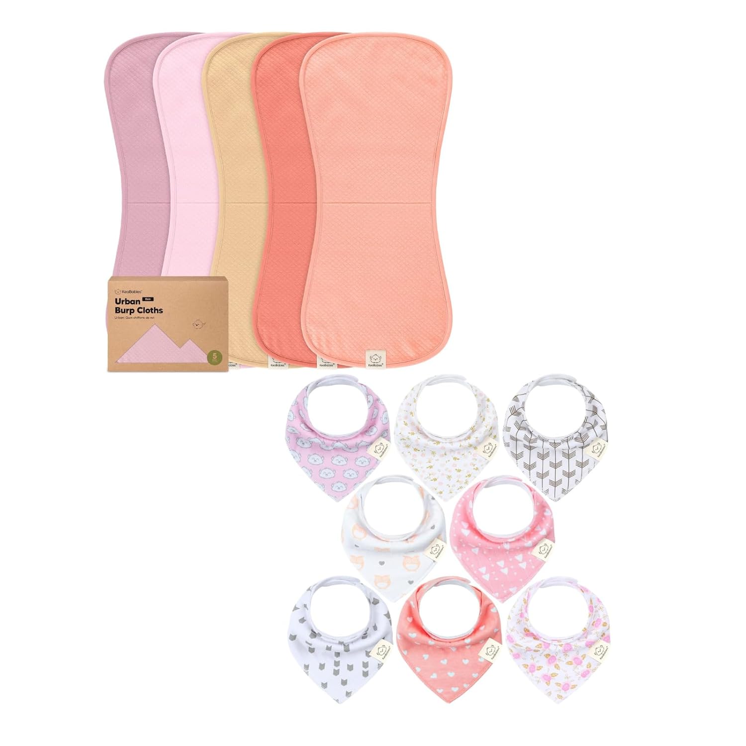 KeaBabies 5-Pack Burp Cloths Baby Girl, Boy and 8-Pack Baby Bandana Bibs - Extra Large & Absorbent Baby Burp Cloths - Drool Bibs for Baby Girl, Baby Boy