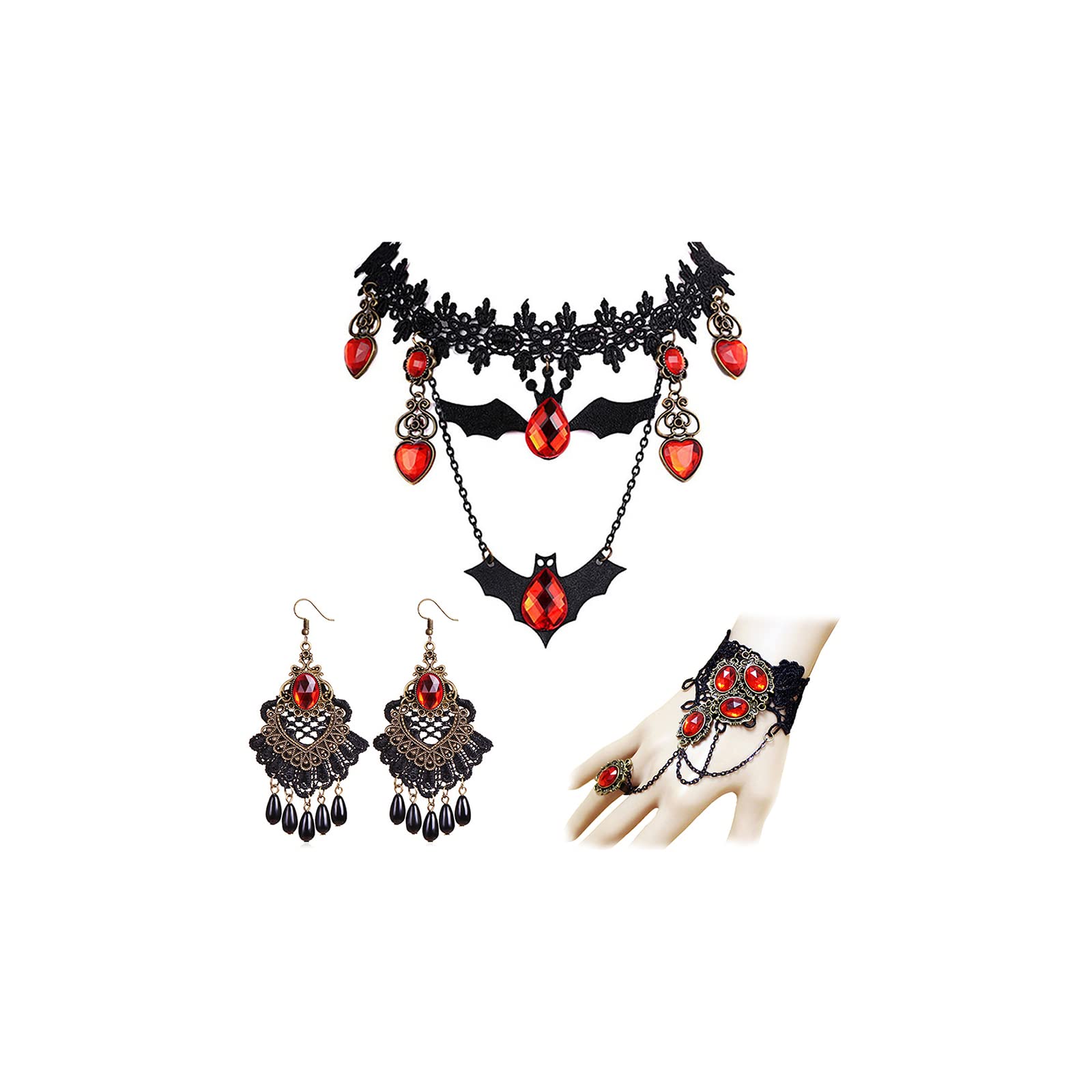 Halloween Black Choker Earrings Bracelet Set Witch Costume Women Gothic  Accessories Vintage Goth Jewelry Set Black Ring Gloves Vampire Choker  Necklace