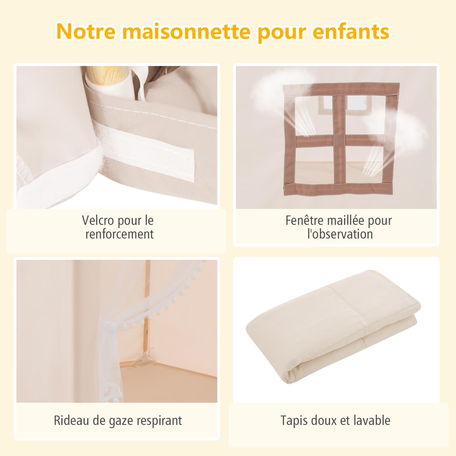 DREAMADE Tente de Jeu pour Enfant avec Tapis Épais,Cabane Garçons Filles Intérieur Extérieur avec Cadre en Bois&Moustiquaire&Fenêtre Maillée&,105x120x140CM (Beige)