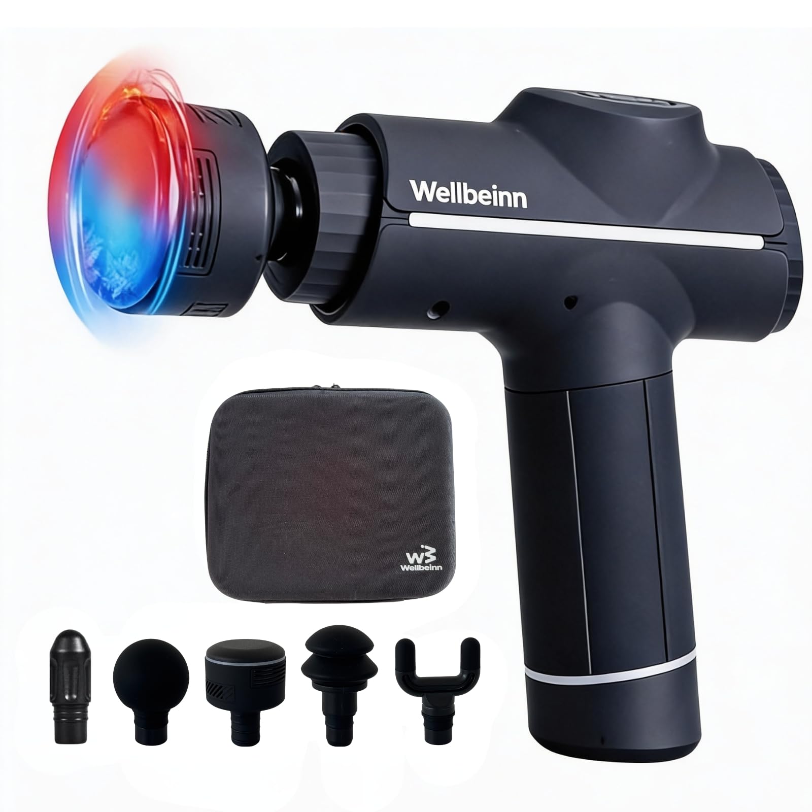 WELLBEINN Pistola de Masaje Muscular con Calor y Frío | Massage Gun Profesional Tejido Profundo | 5 Velocidades | 5 Cabezales | Masajeador Cervical y Espalda para Alivio del Dolor y Recuperación