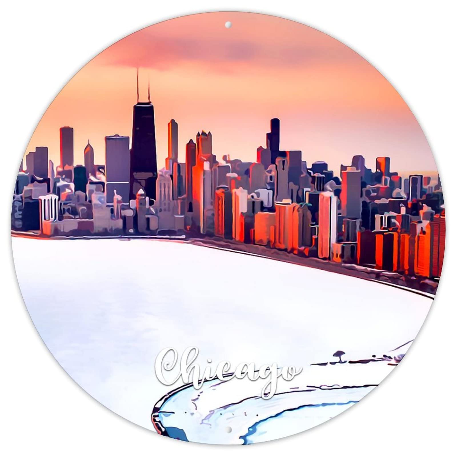 CowkissSign Travel Gift Souvenir Round Aluminum Metal Sign USA City Chicago Metal Sign American Cities in Illinois States Wall Decoration Plaques for Front Porch Laundry Room 9x9in