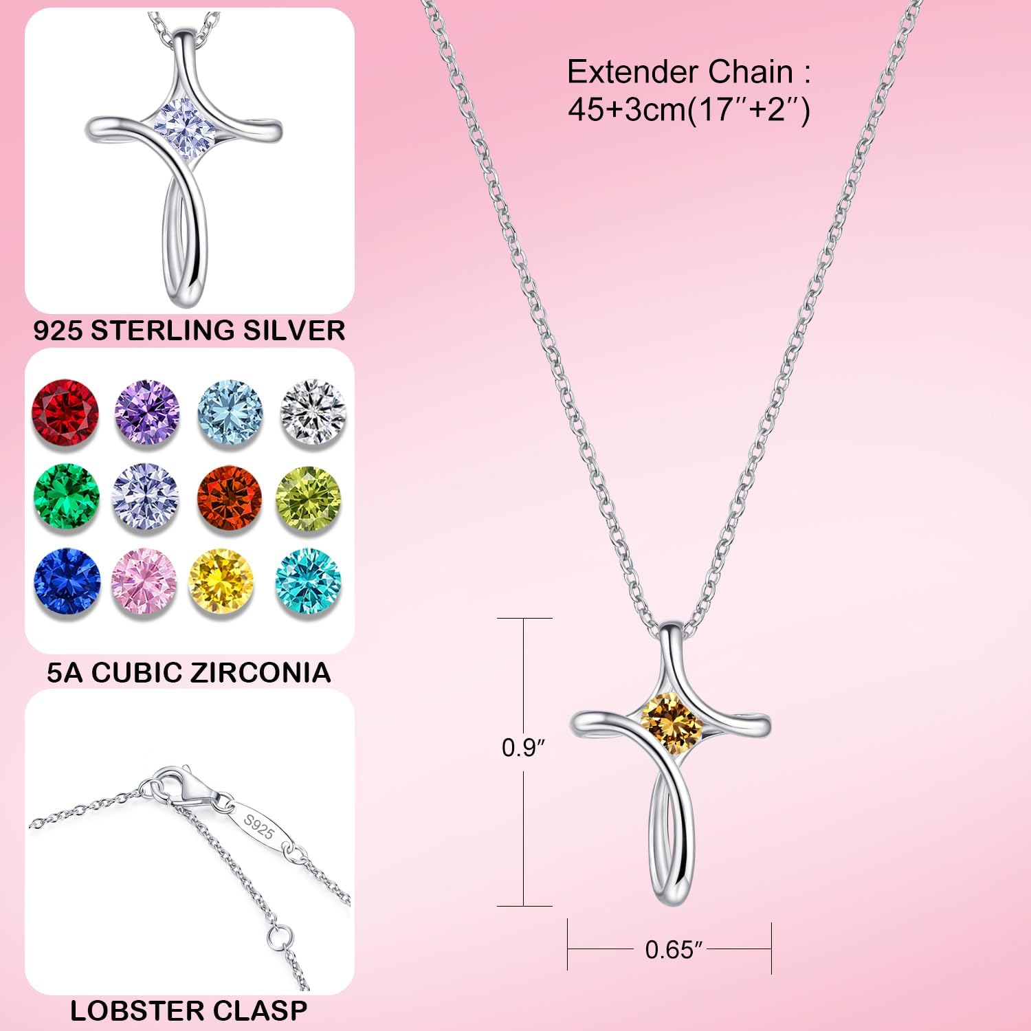 Cross Necklace for Women, 925 Sterling Silver Birthstone Necklace for Women with Diamond Sideways Cross Necklaces Birthstone Jewelry Birthday Gifts for Womens - Image 4