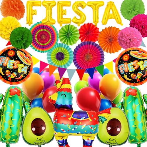 Fiesta Party Decorations 42Pcs Mexican Themed Party Supplies Cinco De Mayo Decor Cactus, Llama, Balloons, Paper Fans, Pom Poms, Banner for Taco Bout Tuesday, Birthday, Engagement Luau Party Supplies