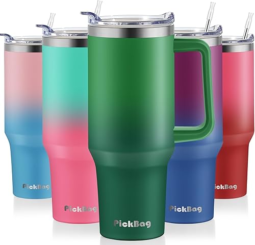 Vaso de 40 onzas con asa y popote, 100% a prueba de fugas, de acero inoxidable, con aislamiento térmico, para viaje, para café, mantiene las bebidas