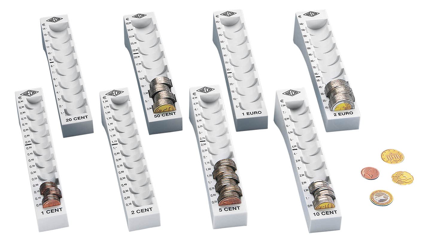 Wedo Geld-Zählbrett aus Polystyrol, 27,8 x 27 x 6 cm & 160705037 Münzrille (0,50 Euro, 50 Cent, Kunststoff für 65 Münzen mit Markierungen 18 x 4,5 x 3,75 cm) lichtgrau