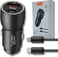 Carregador Veicular Turbo 60W Pro, Kit com Cabo. Duas portas USB 3.0 + USB-C, Led, Carregamento Rápido 9.1A Fast Charge Carro/Automotivo Compatível com IOS – Premium (Preto)