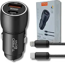 Carregador Veicular Turbo 60W Pro, Kit com Cabo Lightnin. Duas portas USB 3.0 + USB-C, Led, Carregamento Rápido 9.1A Fast Charge Carro/Automotivo Compatível com IOS – Premium (Preto)