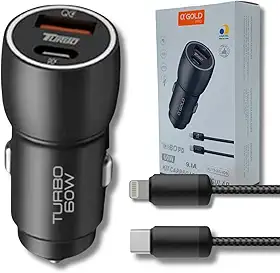 Carregador Veicular Turbo 60W Pro, Kit com Cabo. Duas portas USB 3.0 + USB-C, Led, Carregamento Rápido 9.1A Fast Charge Carro/Automotivo Compatível com IOS – Premium (Preto)
