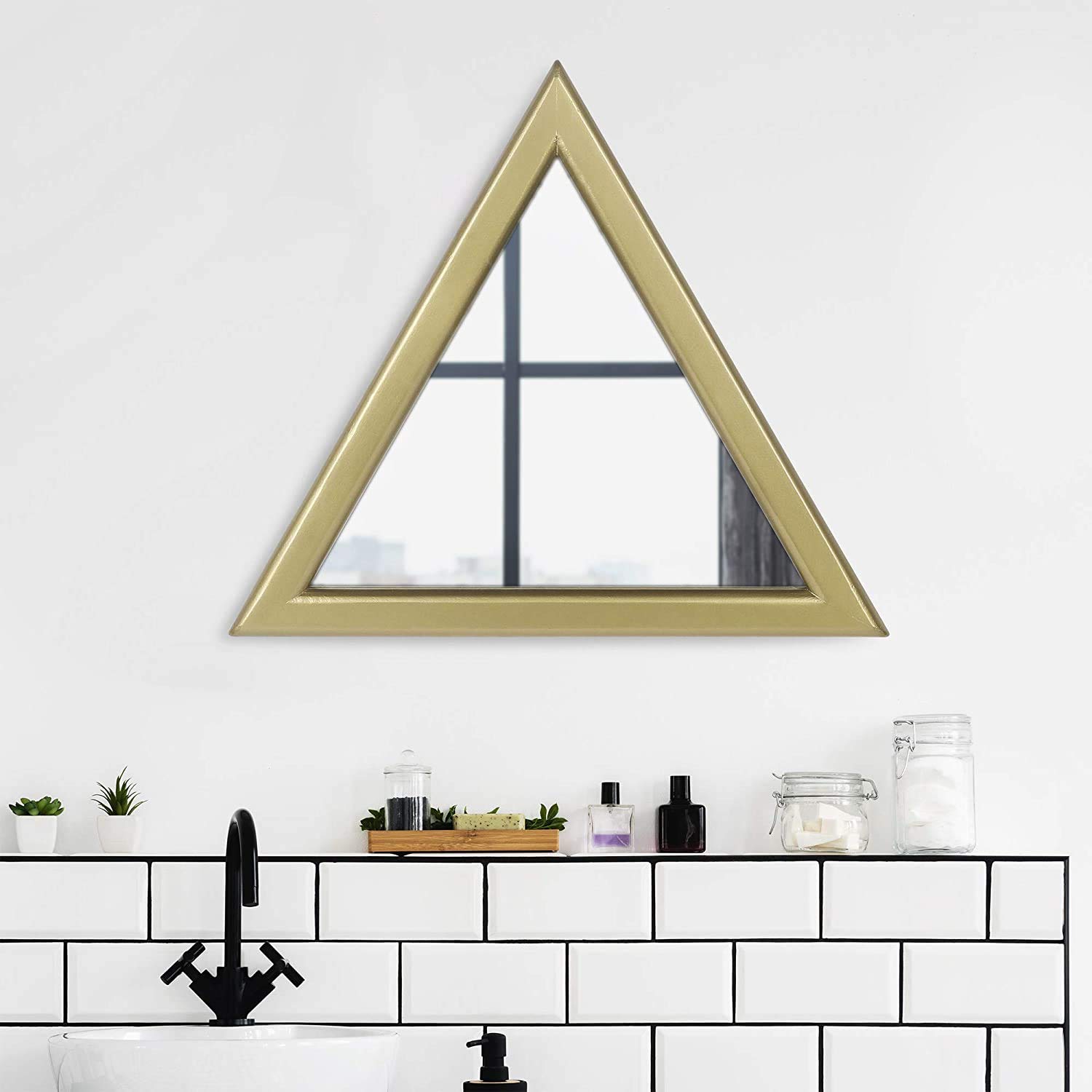 Rusticity Framed Triangle Wall Mirror for Living Room Wall Decor, Bathroom Entry, Bedroom 15.4x15.4x0.6 in, Golden
