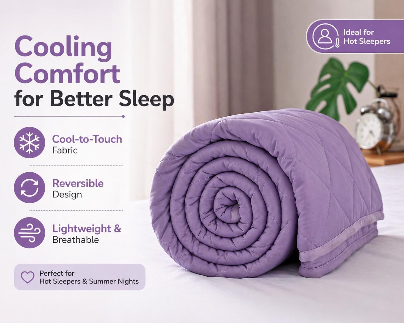 EVOLIVE Cooling Quilt, Diamond Quilted Elastane Lightweight Comforter, Reversible Breathable Soft All Season Bedspread with Elastane (Purple, Full/Queen)