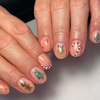 24Pcs Christmas Press on Nails Almond Glue on Nails Glossy Acrylic False Nails Cute Christmas Tree Gingerbread Man Colorful Cane Candy Stick on Nails Xmas Short French Tip Fake Nails for Women