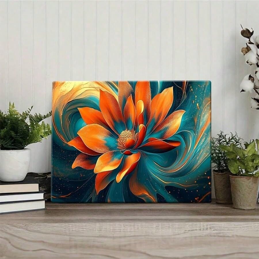 Cuadros de lienzo con estampado floral naranja y turquesa de 40x70cm sin marco