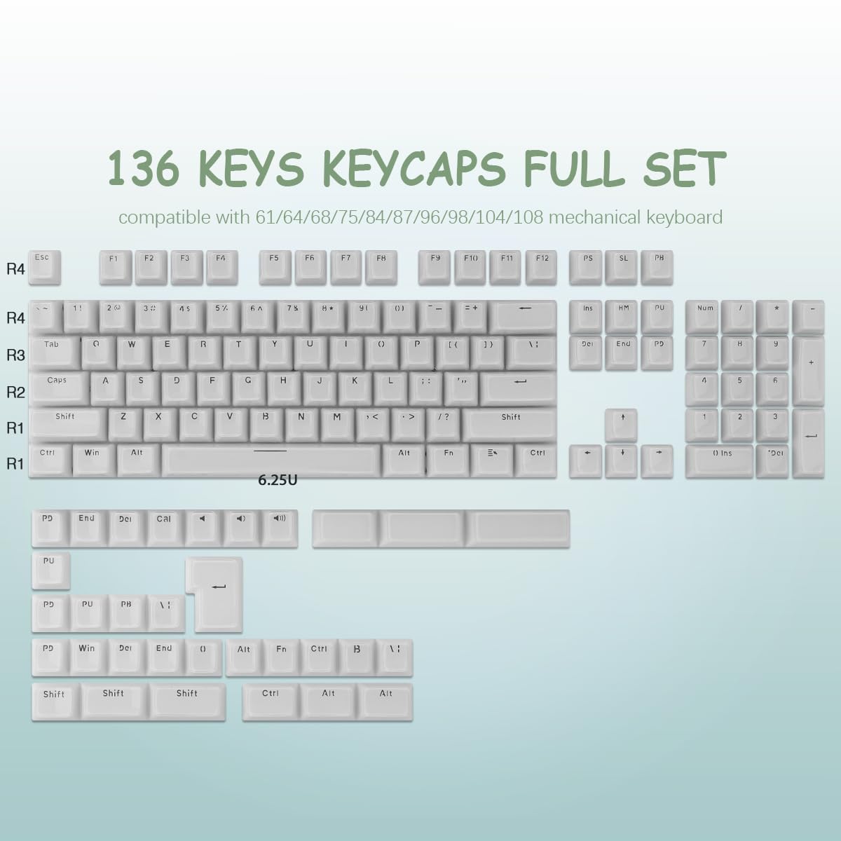 Sunzit Crystal Jelly Weiß Keycaps, MDA Profil Jade Keycaps, 130 Tasten leuchten durch Individuelle Tastenkappen – Tastatur Keycap Set für 60%, 65%, 75%, 100% Cherry MX Tastatur, mechanisch