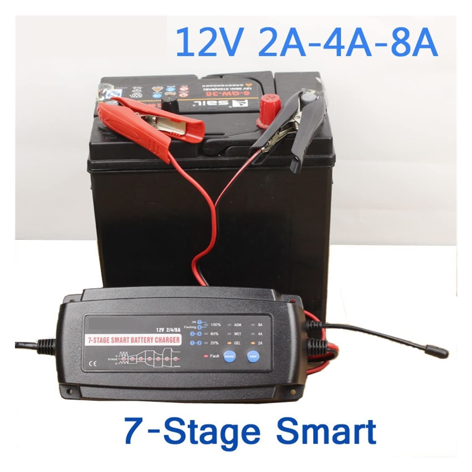 Chargeur de Batterie, 1 2V 2A 4A 8A 7 Chargeur de batterie Smart-Smart, chargeur de batterie de voiture maintière et désulfateur for piles plomb