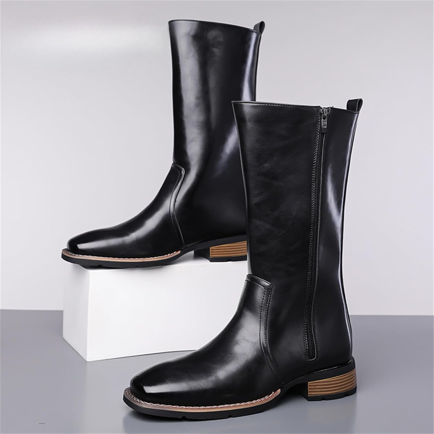 Men's Leather Side Zipper Calf High Motorcycle Boots Block Heel Comfortable Non-Slip Warm Rider Boots For Winter Daily Outdoor Activities Party Riding