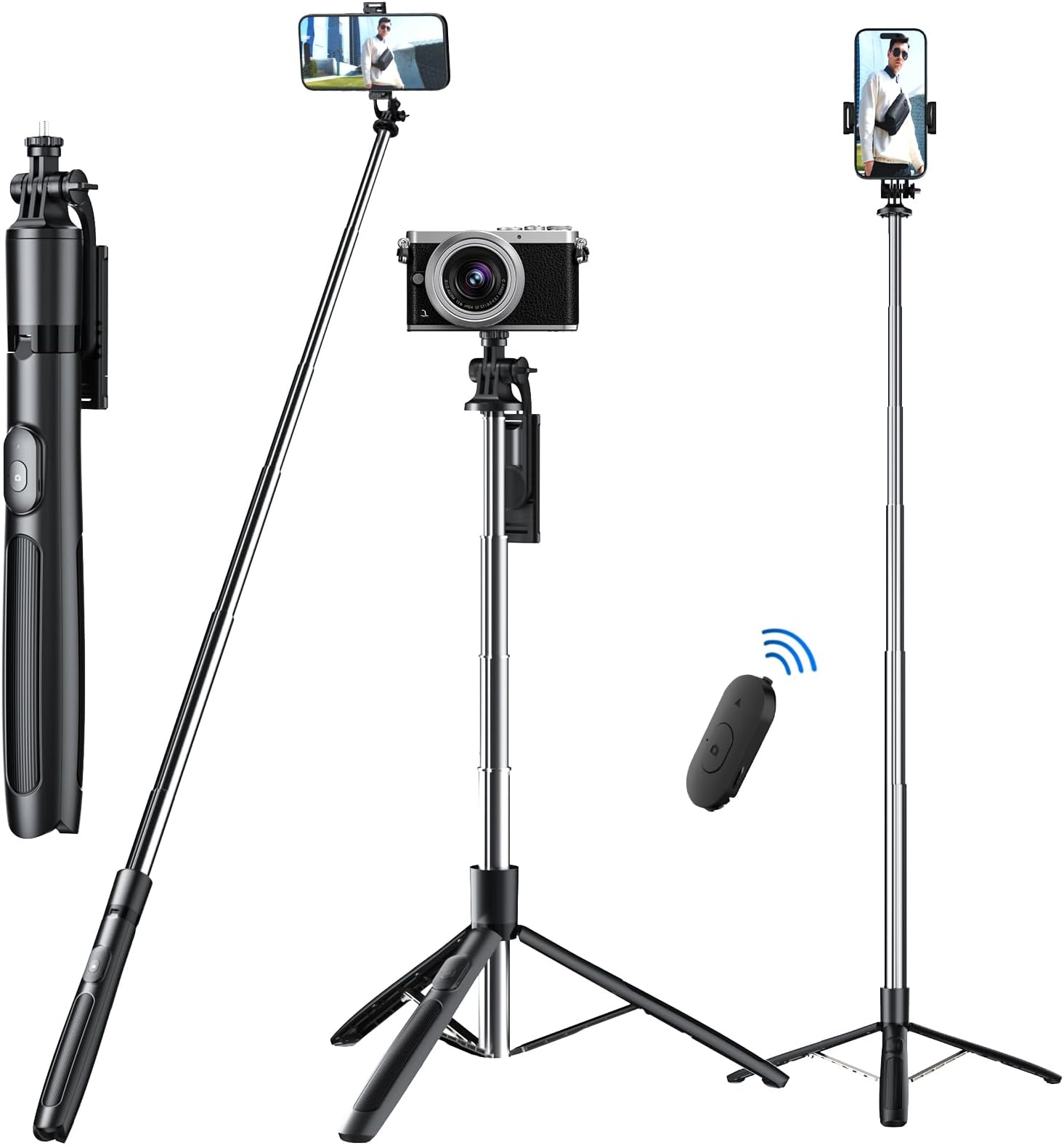 Celfiexpt 63" Selfie Stick Tripod 360° Rotatable Mobile Holder Bluetooth Remote Multi-Functional Extendable Tripod Stand for Vlogging Live Streaming Compatible with Mobile Phone Camera Ring Light
