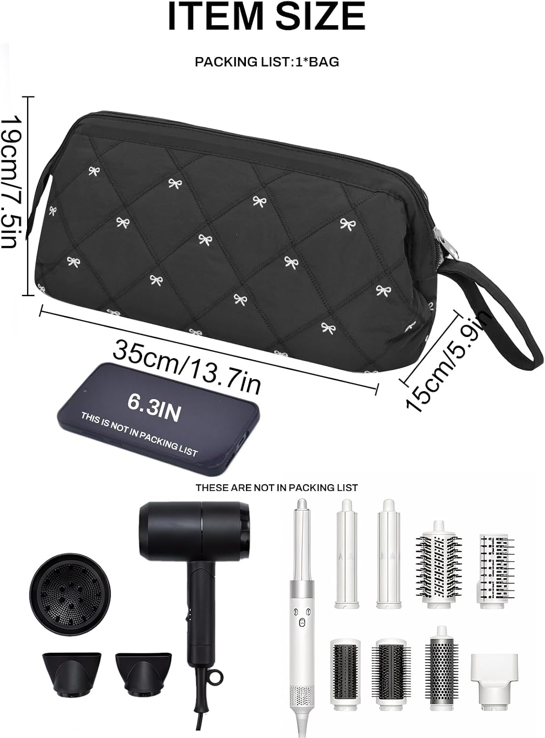 TeeYee Hair Tool Bag Travel Cosmetic Pouch for Dyson Hair Dryer Bow Storage Case Curling Iron Organizer blackbow