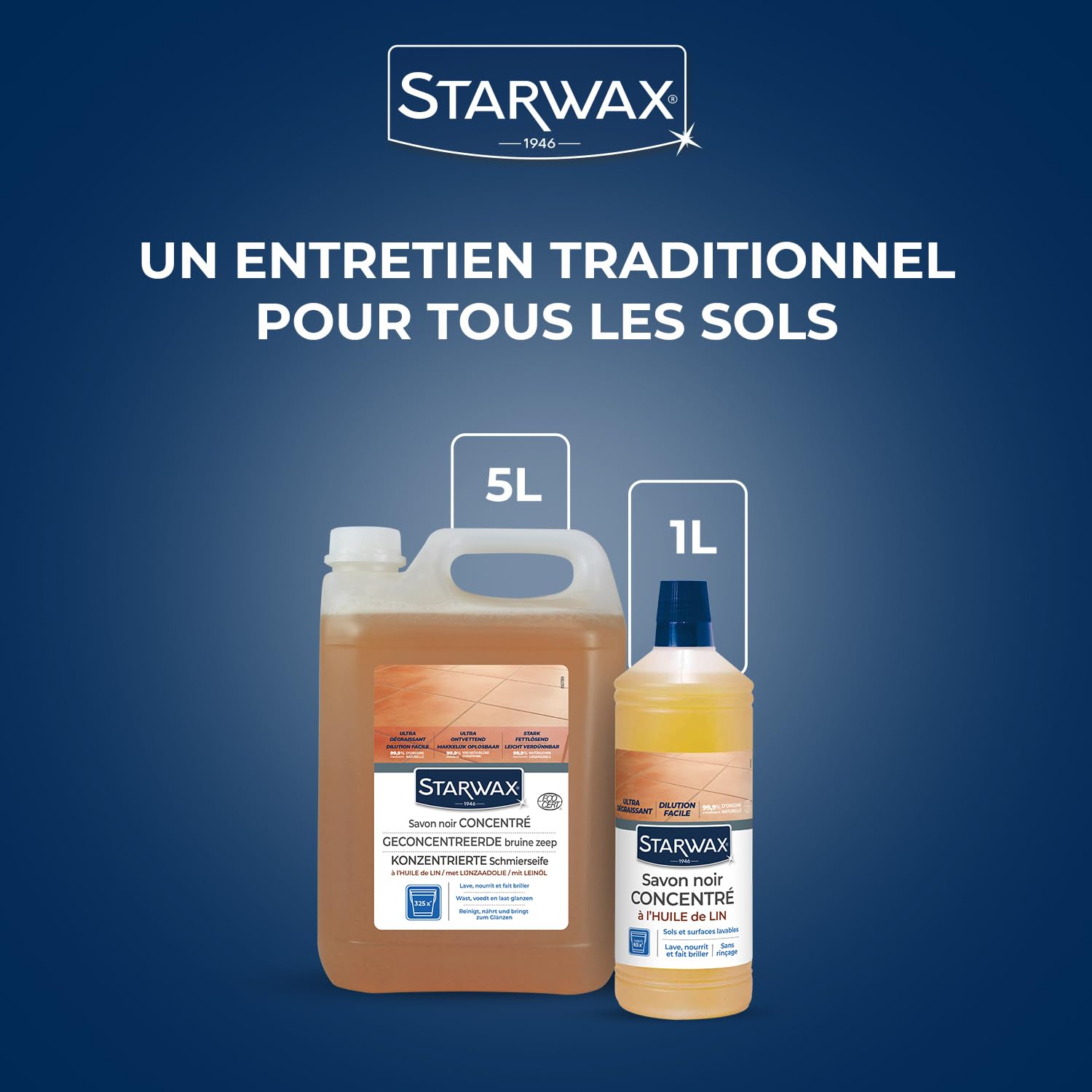 STARWAX Savon noir à l'huile de lin pour les sols intérieurs 5L | Nettoie et fait briller carrelage parquet PVC béton ciré et tomettes, nourrit terres cuites et pierres, sans rinçage