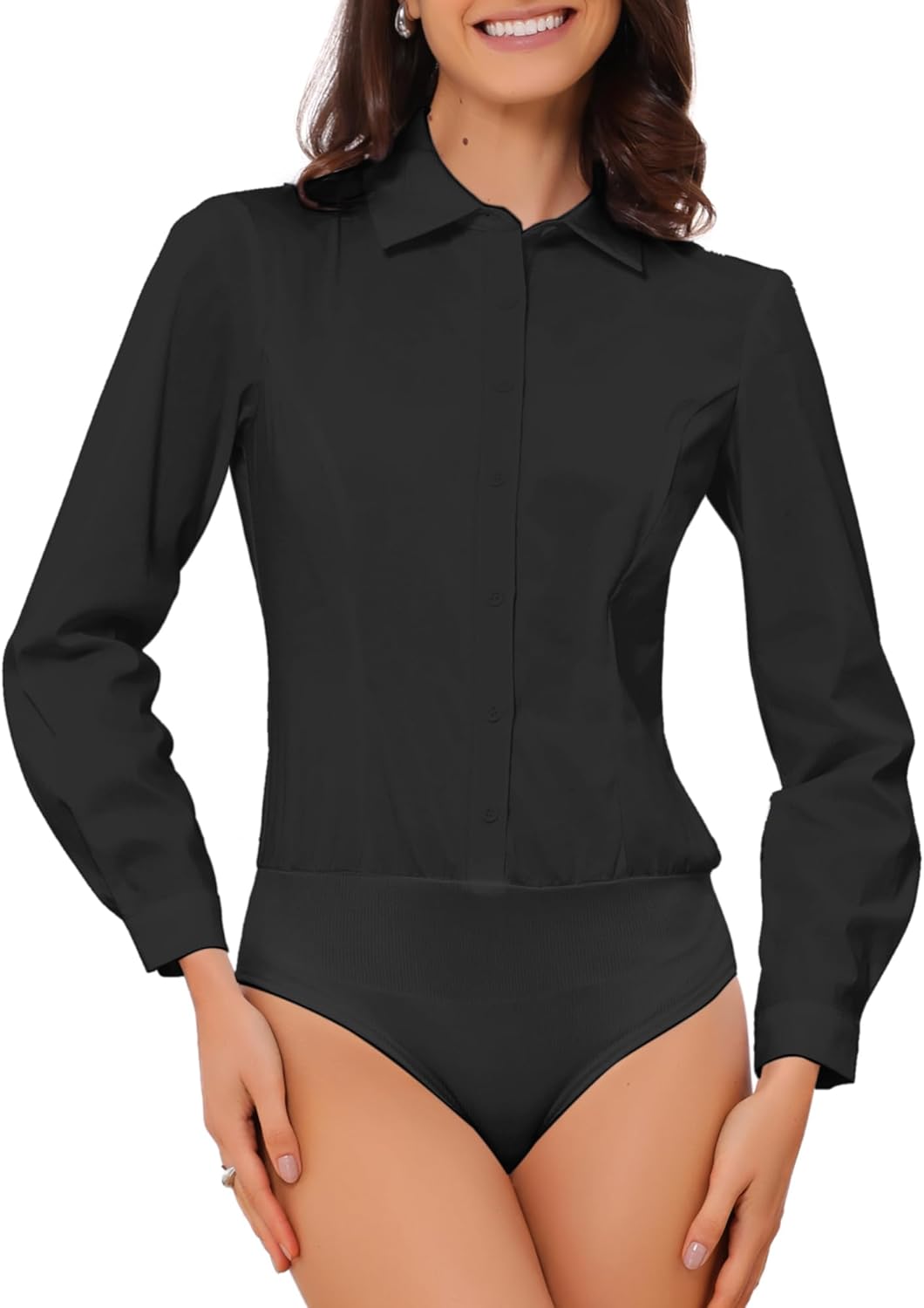 Allegra K Button Down Bodysuit Blouse for Women Collared Shirts Long Sleeve Work Business Casual Bodysuits Top
