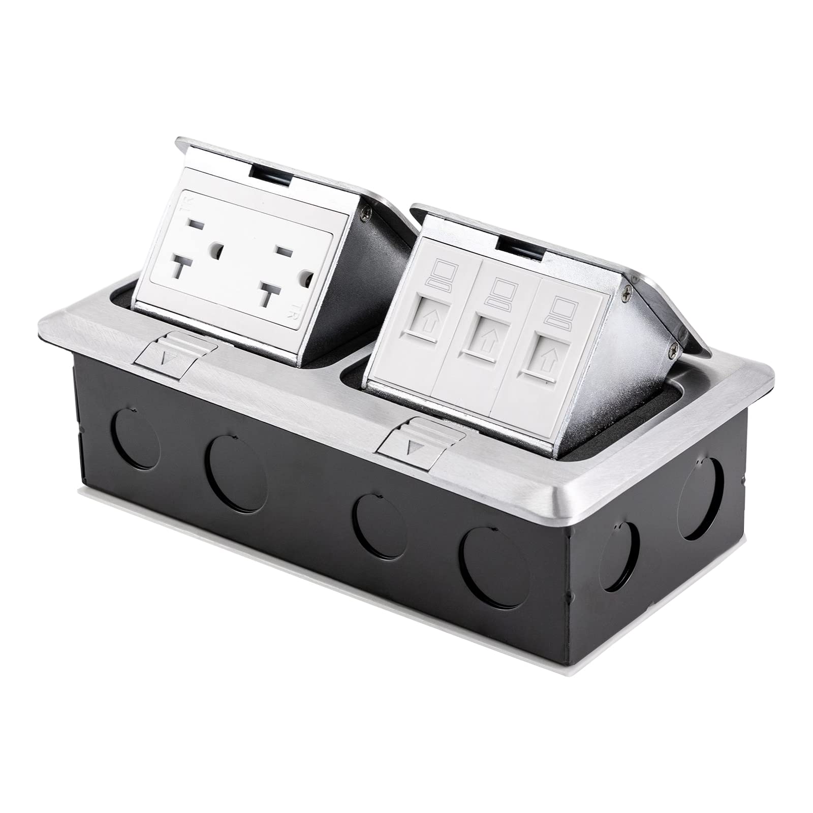Pop Up Floor Outlet, with Multiple Sockets and LAN 20 Amp Recaptacle Outlet Electrical Kit, Dual Pop-Up Floor Box with 2 x 20a Jacks and 3 x LAN Ports, for Countertops, Floors, Living Rooms, Offices