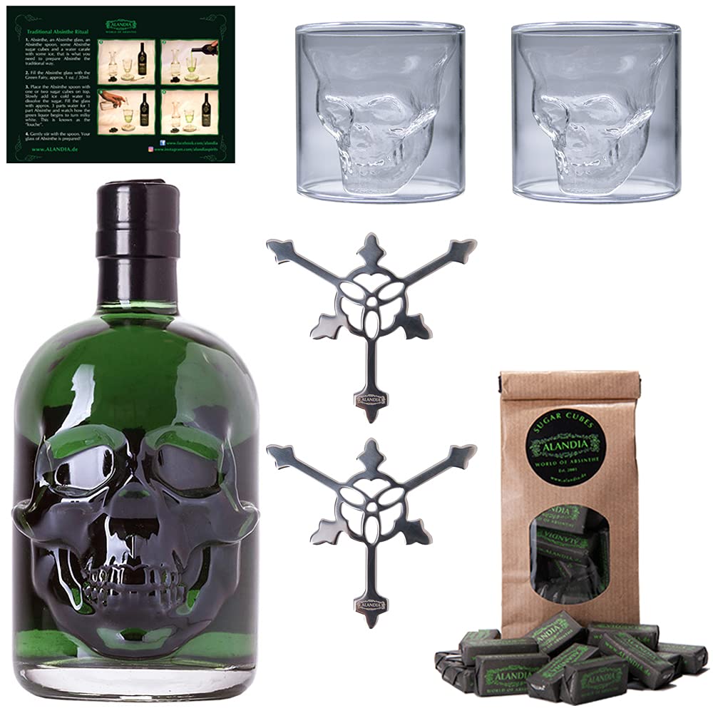 Totenkopf Absinth Set | 1x Hamlet Classic Green von ALANDIA | 2x Skull Gläser | 2x Edelstahl Löffel | 1x Zuckerwürfel