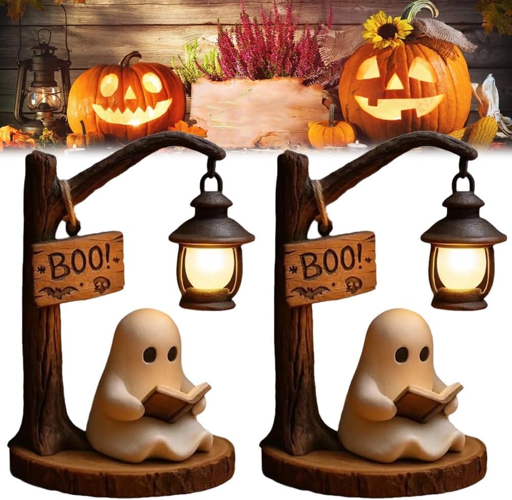 Ghost Reading Lantern, 3D Halloween Cute Ghost Reading Lantern with Warm Glow Ghost Figurine, Spooky Halloween Decor for Bedroom Living Room Office, Fun Indoor Ornament & Gift Idea (2pcs)